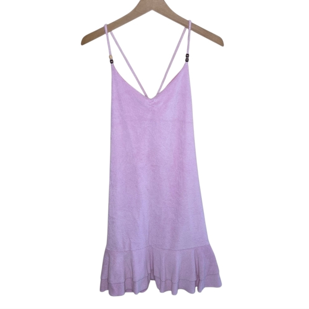 Y2K Hana Sport Pale Pink Terry Cloth Crossover Back Dress Ruffle Hem Size Medium